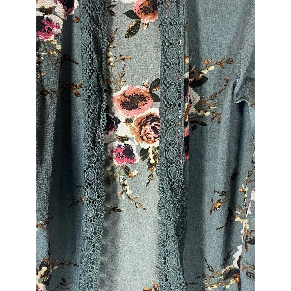Dusty Blue‎ Floral Lace Trim Kimono Cardigan Bell Sleeve Boho Cottagecore L